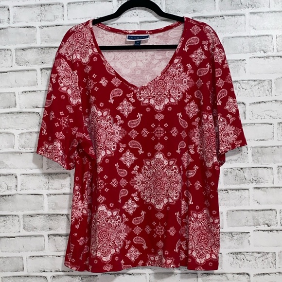 Karen Scott Tops - Karen Scott Red and White Patterned Blouse 3X